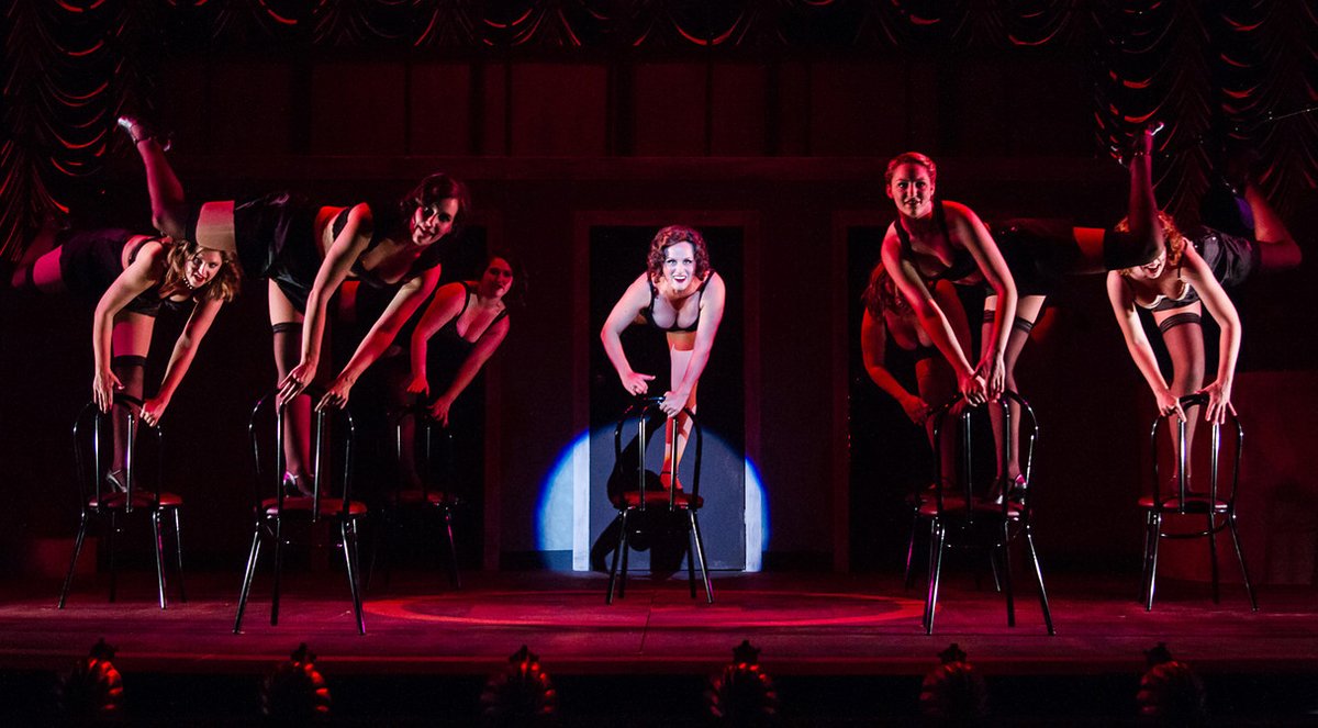 Tracy Martin / Broadway By The Bay Amie Shapiro as Sally Bowles, center, performing "Mein Herr" with the Kit Kat Girls in "Cabaret." The Kit Kat Girls are, from left, Kathryn Fox Hart, Kayla Berghoff, Erin Lafferty, Elizabeth Curtis, Nina Feliciano and Melissa Reinertson. The Broadway By The Bay production is on stage through September 29, 2013, at the Fox Theatre in Redwood City, California.